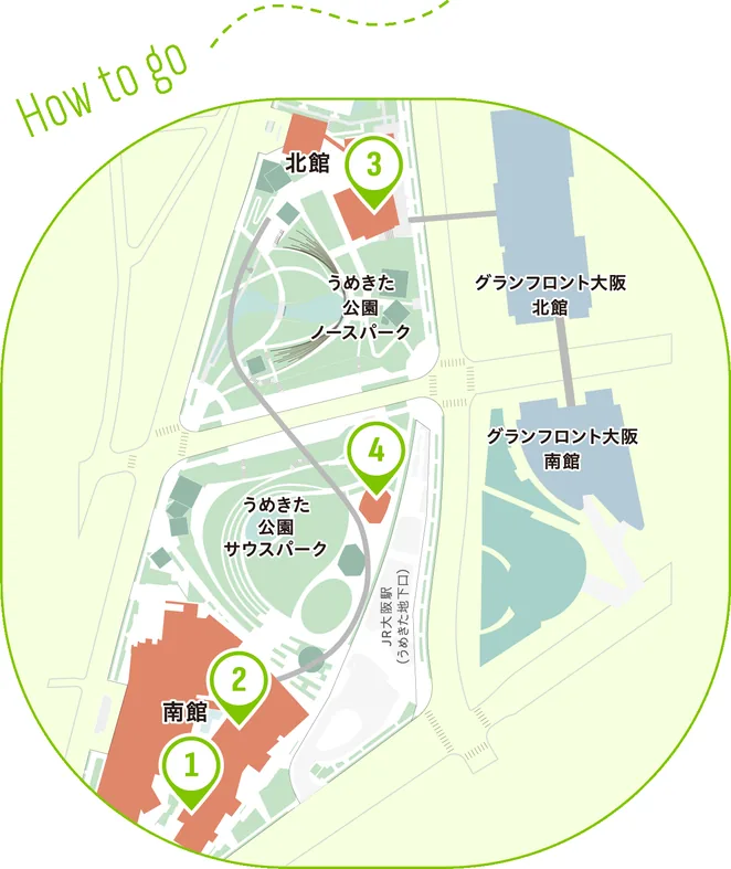 子連れでゆっくり楽しむコースのMAP。1 Royal Garden Cafe（南館2F）、2 agnès b.（南館2F）、3 パタゴニア 大阪・梅田（北館1F）、4 smørrebrød KITCHEN（うめきた公園サウスパークB棟）