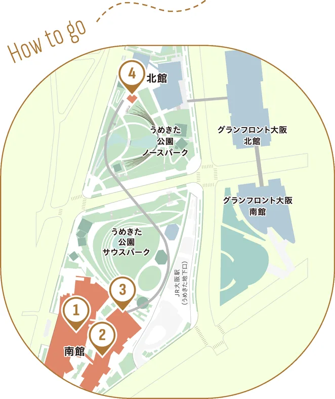 カフェタイムを満喫コースのMAP。1 Café Kitsuné（南館1F）、2 MARGARET HOWELLSHOP & CAFE（南館1F）、3 GOKAN PARLOIR（南館2F）、4 boo boo boo（うめきた公園ノースパークH棟）