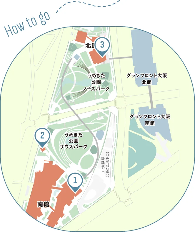 テイクアウトで緑を楽しむコースのMAP。1 TOMCAT BAKERY（南館B1F）、2 SIK eatery（うめきた公園サウスパークE棟）、3 TULLY’S COFFEE（北館2F）